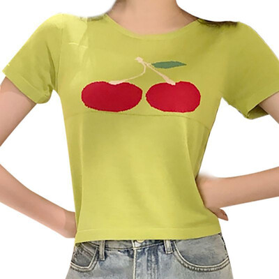 Summer T-Shirts Women Short Sleeve Cherry Print Tops Shirts Ladies Stretch Casual Solid Color female T-Shirts
Summer T-Shirts Women Short Sleeve Cherry Print Tops Shirts Ladies Stretch Casual Solid Color female T-Shirts