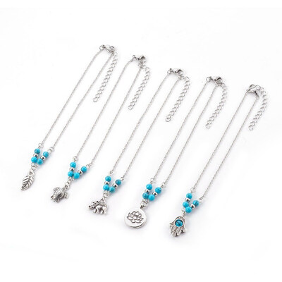 Synthetic Turquoise Charms Anklets with Tibetan Style Alloy Pendants 304 Stainless Steel Findings&Iron Eye Pin Mixed Shapes
Synthetic Turquoise Charms Anklets with Tibetan Style Alloy Pendants 304 Stainless Steel Findings&Iron Eye Pin Mixed Shapes