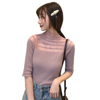 Korean T-shirt Knitted Slim Pullover Women Tops Half Sleeve Thin Tight Fit Semi-high Collar Hollow Stitching Clothing Plus Size
Korean T-shirt Knitted Slim Pullover Women Tops Half Sleeve Thin Tight Fit Semi-high Collar Hollow Stitching Clothing Plus Size