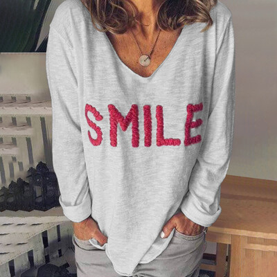 New Tshirt Smile Letter Embroidery Print Long Sleeve V Neck Pullover Loose Blouse Women Casual Tshirt Tops
New Tshirt Smile Letter Embroidery Print Long Sleeve V Neck Pullover Loose Blouse Women Casual Tshirt Tops