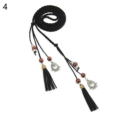 Women Braided Beads Tassels Thin Skinny Waist Rope Belt Self-Tie Dress Waistband
