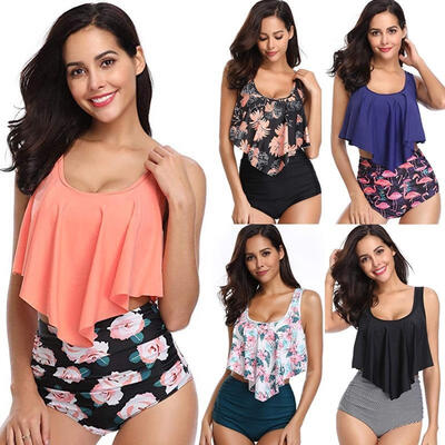 Womens High Waist Flower Swimsuit Swimwear Bikini Set Plus Size