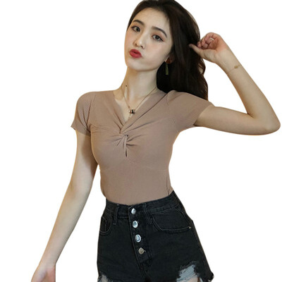 Summer Female Harajuku T-shirt Sexy V Neck Solid Short Sleeve tshirt Knitted t shirt Women with Knot
Summer Female Harajuku T-shirt Sexy V Neck Solid Short Sleeve tshirt Knitted t shirt Women with Knot