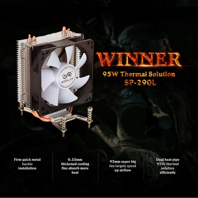 SOPLAY CPU Cooler 2 Heatpipes 3pin 92cm Fan PC Computer for Intel LGA 1150 1151 1155 1156 CPU Cooling Radiator Fan
SOPLAY CPU Cooler 2 Heatpipes 3pin 92cm Fan PC Computer for Intel LGA 1150 1151 1155 1156 CPU Cooling Radiator Fan