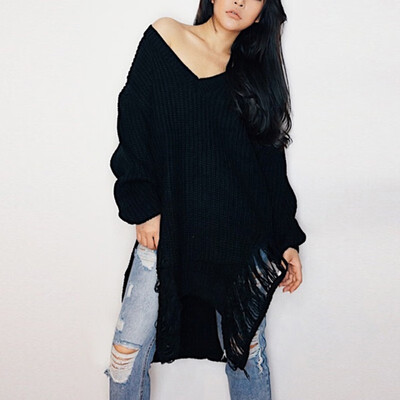 Black womens loose casual sweater V-neck strapless pullover fashion sexy hole irregular hem sweater
Black womens loose casual sweater V-neck strapless pullover fashion sexy hole irregular hem sweater