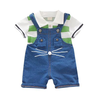 Boy Shorts Set Summer Baby Boys Short Sleeve Stripe Print Tops Blouse Shirt Denim Suspender Pants Children Casual Outfits Sets
Boy Shorts Set Summer Baby Boys Short Sleeve Stripe Print Tops Blouse Shirt Denim Suspender Pants Children Casual Outfits Sets