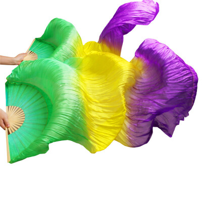 

New Arrivals Stage Performance Dance Fans 100% Silk Fans Colored 180cm Women Belly Dance Silk Fans 2pcs Green+Yellow+Purple