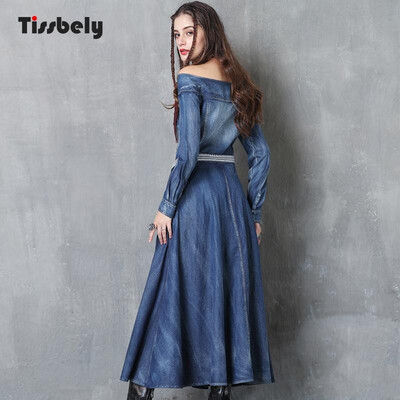 Tissbely Vintage Slash Neck Denim Dress Women Embroidery Belt Long Sleeve Off Shoulder Light Sexy Lady Style
Tissbely Vintage Slash Neck Denim Dress Women Embroidery Belt Long Sleeve Off Shoulder Light Sexy Lady Style