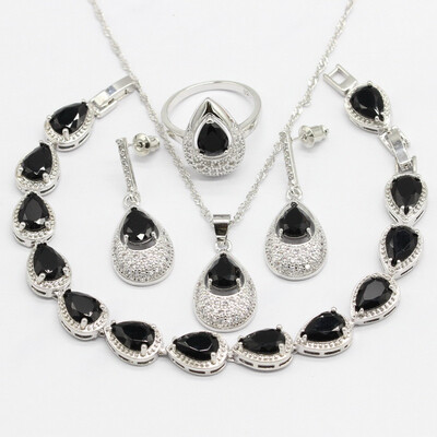 925 Silver Jewelry Sets For Women Pear Shape Black Semi-precious Necklace Pendant Bracelets Long Earrings Rings Christmas Gift
925 Silver Jewelry Sets For Women Pear Shape Black Semi-precious Necklace Pendant Bracelets Long Earrings Rings Christmas Gift