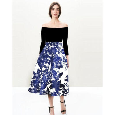 UK Women Stylish Charming Off Shoulder Floral Printed Skater Evening Party Dress