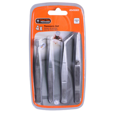 Tactix) 545065 4-piece set of stainless steel tweezers sets of precision models pointed, flat head, elbow, bulletproof tip
Tactix) 545065 4-piece set of stainless steel tweezers sets of precision models pointed, flat head, elbow, bulletproof tip