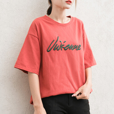 Long Yue Women's letter embroidery short-sleeved T-shirt simple wild primer LWTD174102 green
Long Yue Women's letter embroidery short-sleeved T-shirt simple wild primer LWTD174102 green