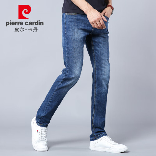 皮尔卡丹（pierre cardin）203810-0800 牛仔裤男 水洗磨白时尚直筒商务休闲微弹舒适男装 蓝色 34码/2.70尺