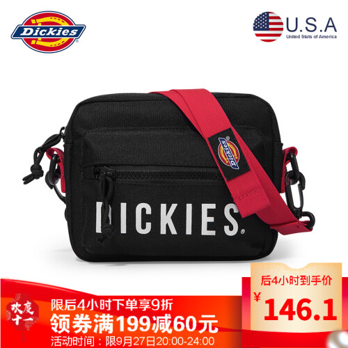 Dickies 潮流单肩包 休闲 男挎包时尚小包女士斜挎包防水学生帆布包零钱包D18-L033 黑色(红色斜挎带)