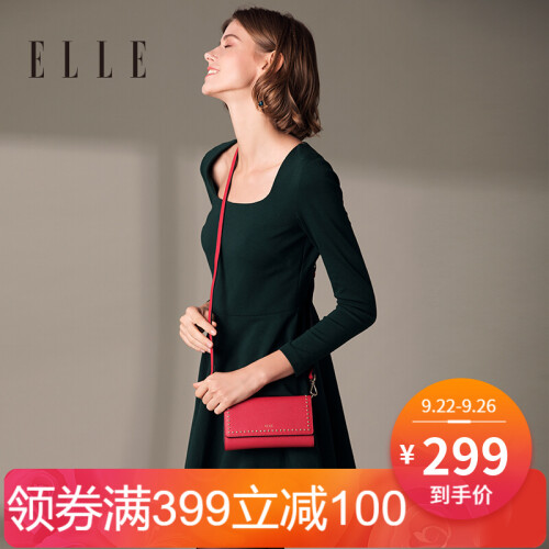 ELLE女包新款80117牛皮单肩斜挎包铆钉包小方包女士 红色