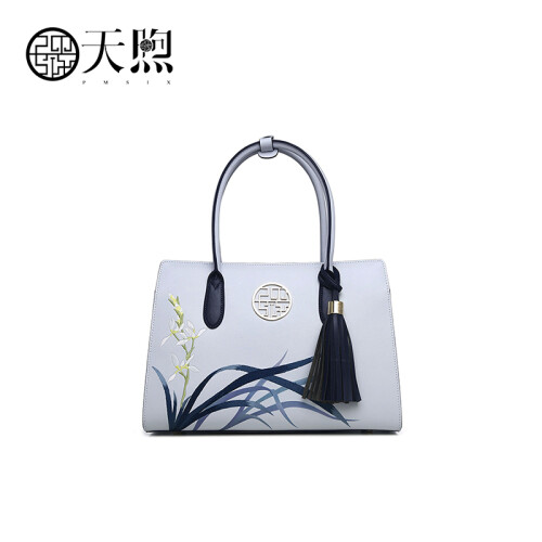 Pmsix手提包女时尚大容量品牌包包民族风刺绣气质流苏大包 P120053 浅蓝色