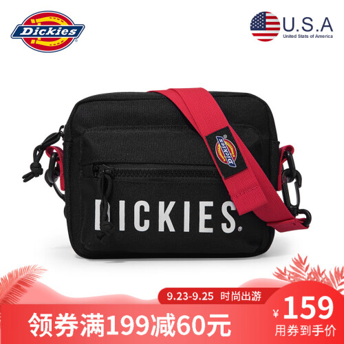 Dickies 潮流单肩包 休闲 男挎包时尚小包女士斜挎包防水学生帆布包零钱包D18-L033 黑色(红色斜挎带)