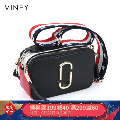 Viney真皮包包女包宽肩带撞色相机包时尚迷你小方包百搭单肩包女休闲斜挎包女 黑白撞