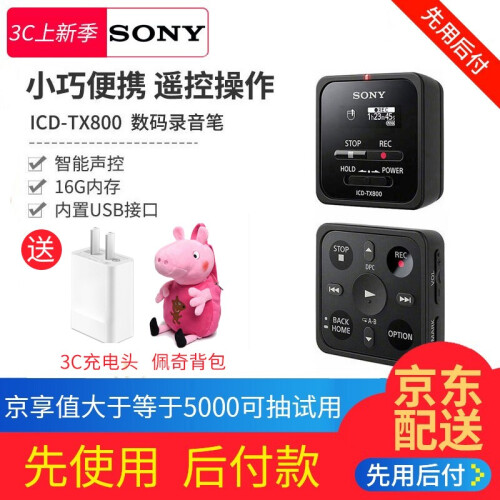 索尼（SONY） 录音笔ICD-TX800 微型专业超长待机 长时间会议记录学习商务便携式录音器机 16G黑色（送充电器+佩奇背包）