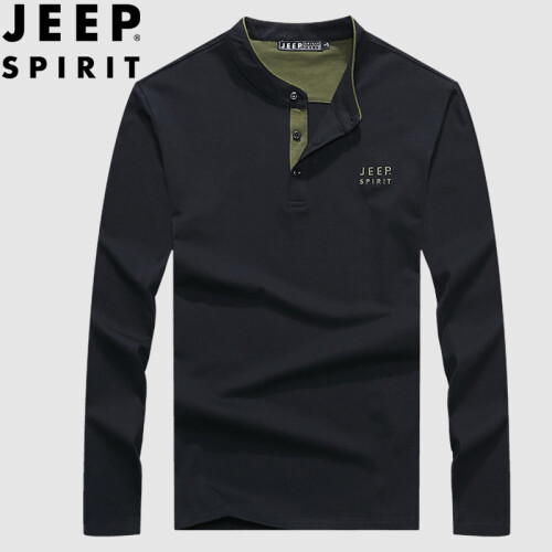 吉普 JEEP 长袖T恤男2019春新品立领商务休闲棉质大码印花中青年男装上衣打底衫LS05001 黑色 L