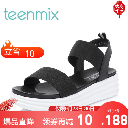 Teenmix/天美意夏专柜同款简约一字带厚底女凉鞋CD301BL8 黑色 38