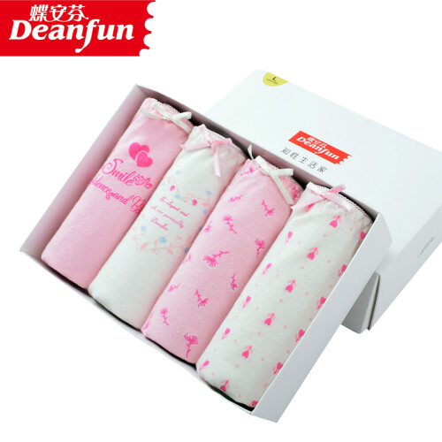 蝶安芬 Deanfun 女士内裤女中腰全棉质印花可爱少女平角裤 4条粉色心礼盒三（建议腰围1.8-2.1尺） L