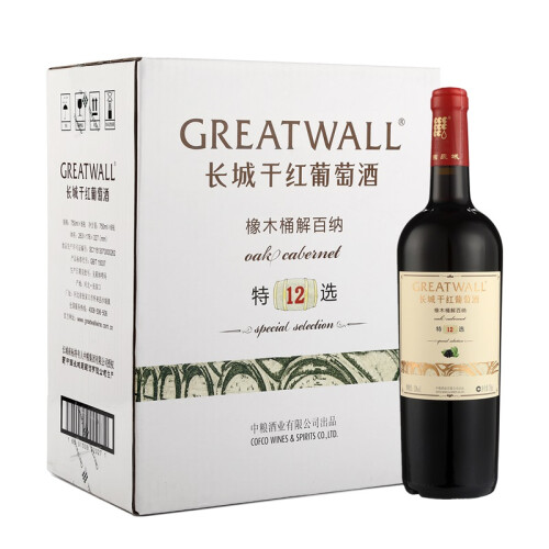 京东超市长城（GreatWall）红酒 特选12 橡木桶解百纳干红葡萄酒 整箱装 750ml*6瓶