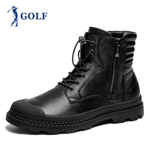 GOLF/高尔夫男靴新品拉链套筒真皮时尚户外工装鞋高帮靴子男雪地棉鞋英伦风马丁靴男 黑色 40