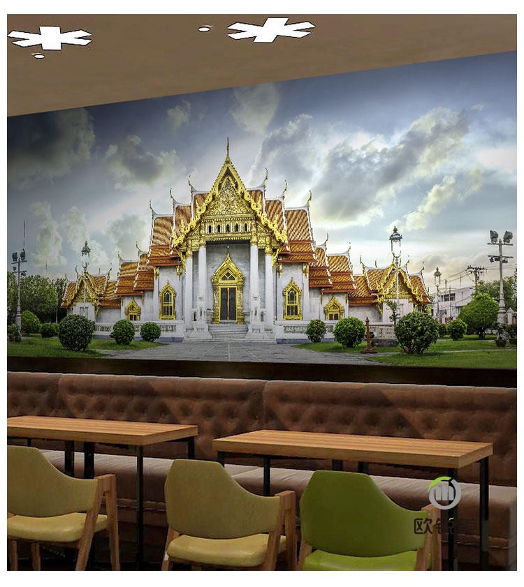 3d东南亚餐厅墙纸壁画瑜伽馆酒店特色风景画建筑泰国风背景墙壁纸无缝