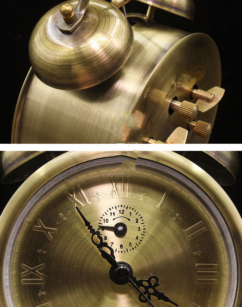 机械闹钟上发条全铜复古拉丝款老式机械发条闹钟上弦钟表风水铜闹钟