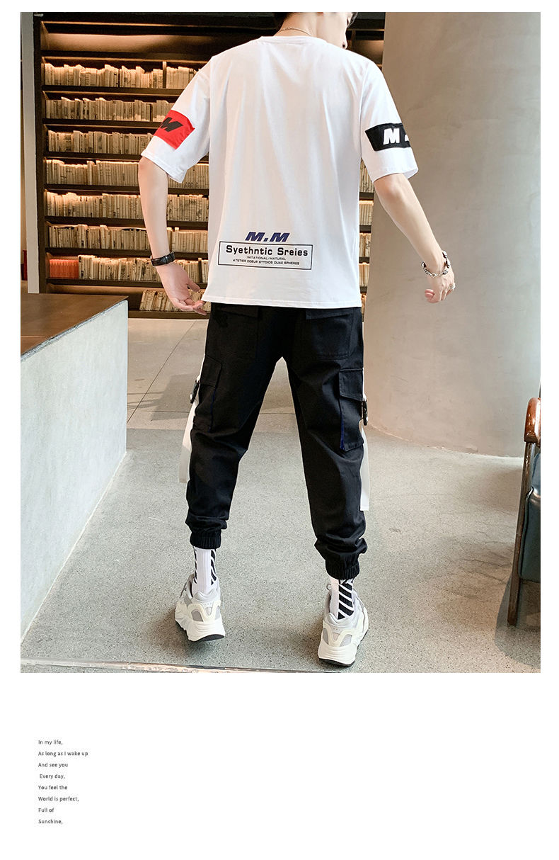 工装裤男宽松夏季薄款套装九分束脚休闲裤潮牌男装 白色卫衣 长裤