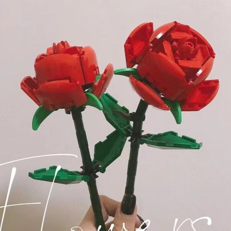 玫瑰花积木花束玻璃罩教师节小颗粒母情人节七夕手工女生日礼物甄萌