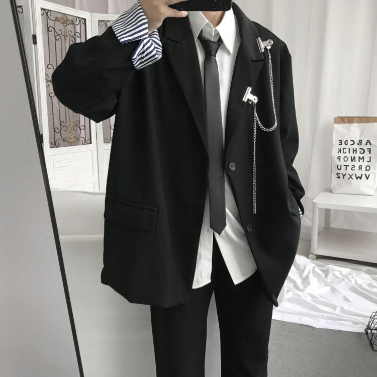 上野 春季新款西装外套男dk制服系黑色西装暗黑风休闲西服 黑色 l