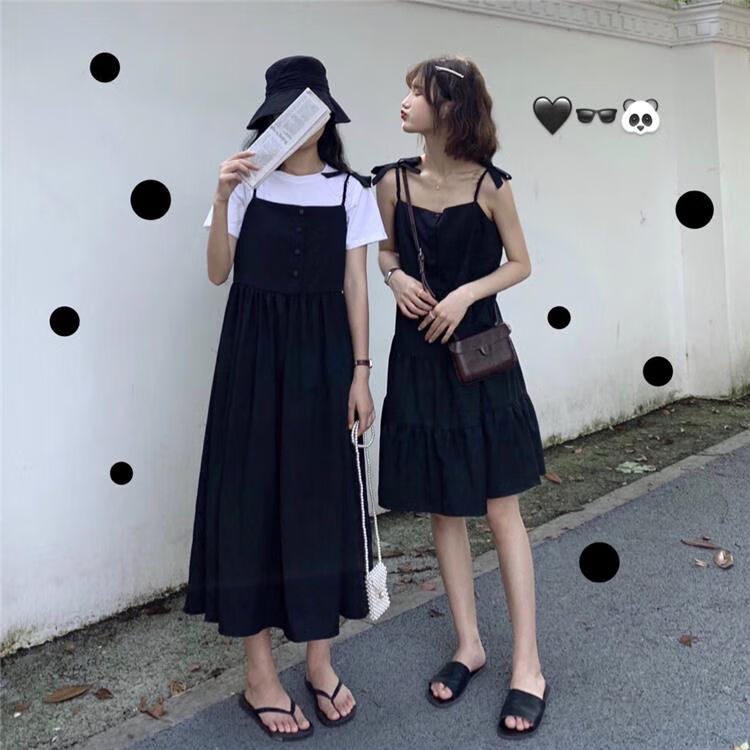 夏季韩版2019新款高腰显瘦露肩a字娃娃裙学生吊带连衣裙女闺蜜装 熏烟