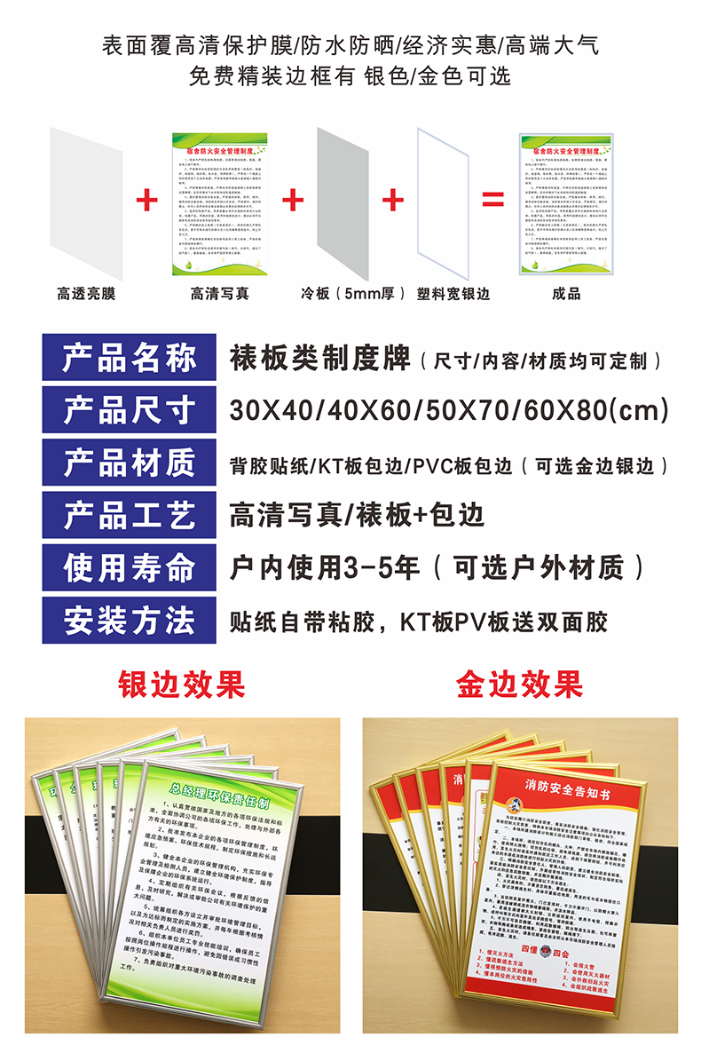 制度牌工人宿舍标识防火消防安全单位寝室规章牌pvc包边一套8张30x40