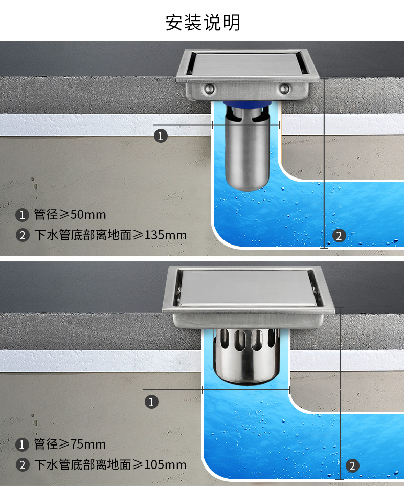 方形隐形地漏 304不锈钢淋浴房防臭器浴室卫生间隐藏式地漏盖芯 套装