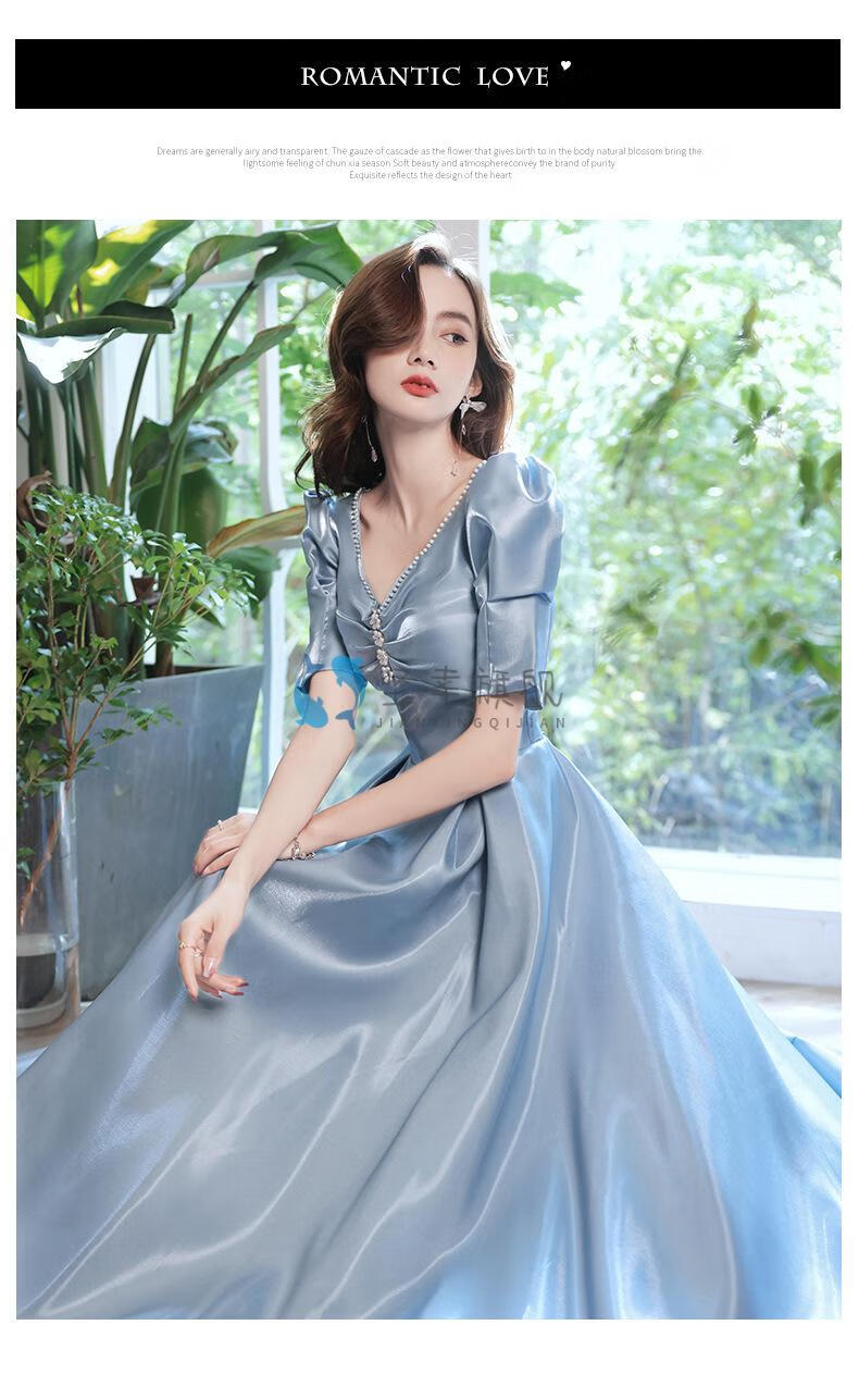 晚礼服少女晚礼服裙2021宴会蓝色重工缎面礼服裙设计感主持人晚礼服