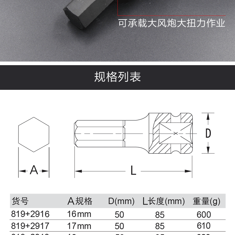 1寸风动电动扳手大风英制炮六方批头气动工具 819 2916内六角套筒16mm