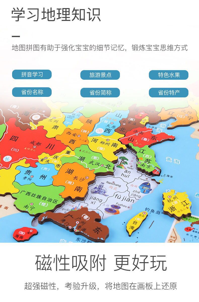 磁性木质中国世界地图拼图加厚儿童早教力拼板积木 大号磁性中国地图