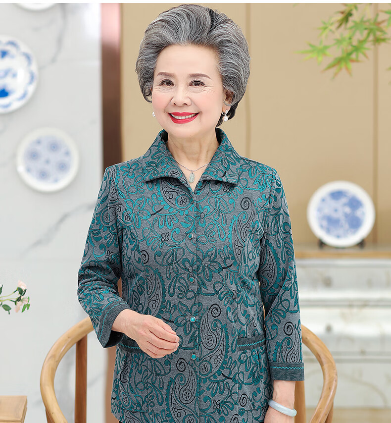 长袖衬衫中老年人春秋装女奶奶长袖衬衫薄款60岁70外套老人上衣服太太