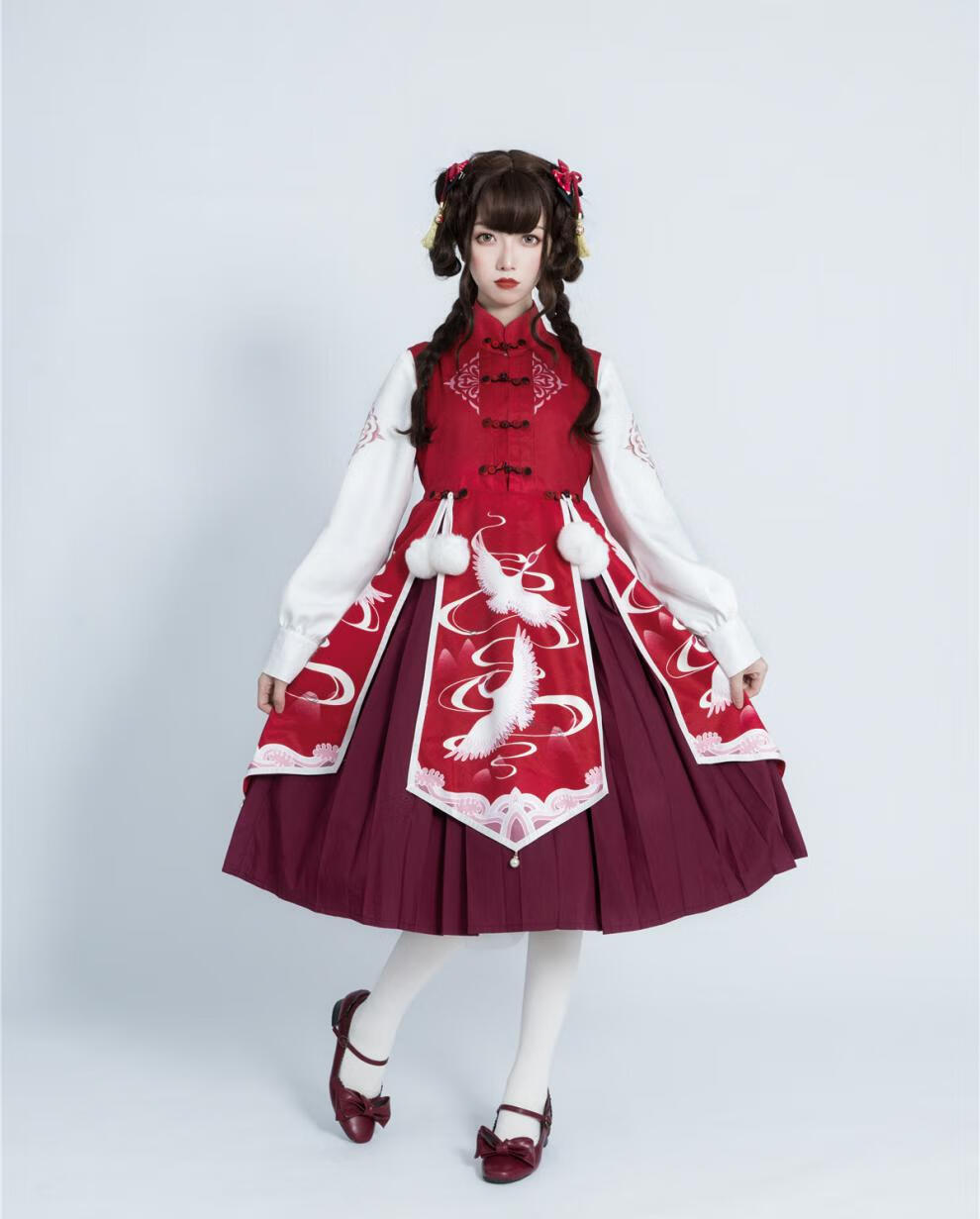 lolita中华风过年洛丽塔学生lo裙古风中国风品质定制款 红色裙 衬衫