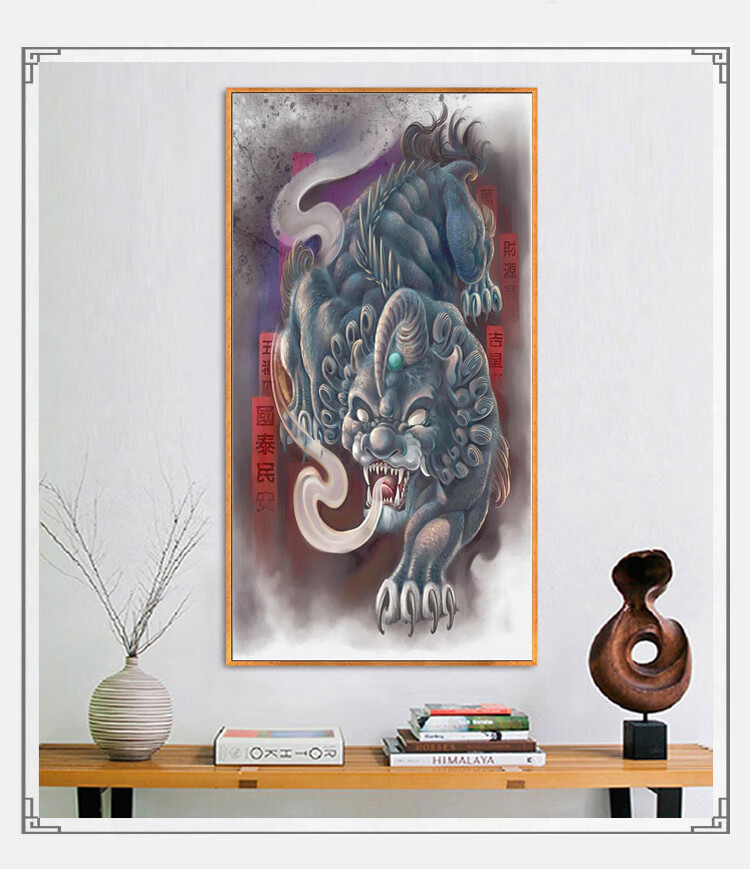 茶室办公室高雅墙体装饰客厅玄关神兽貔貅挂画办公室竖版貔貅卷轴装饰