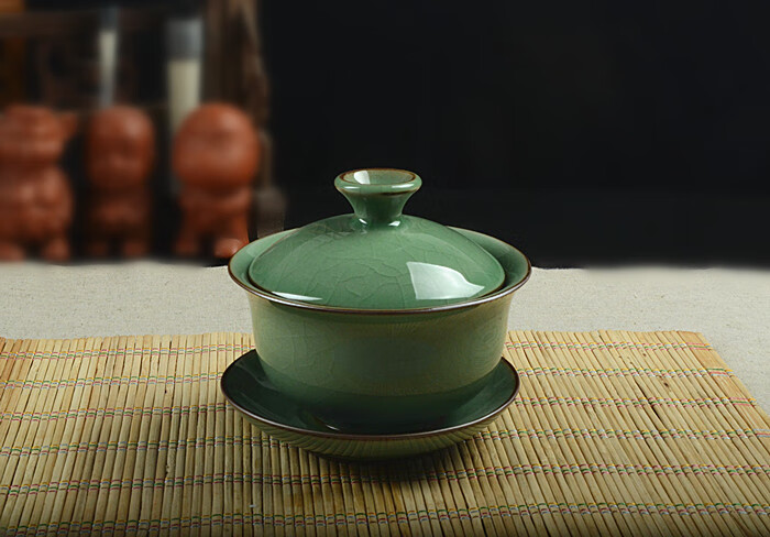 龙泉青瓷哥窑青瓷盖碗泡茶杯开片茶杯冰裂功夫茶具三才杯大号茶碗b2