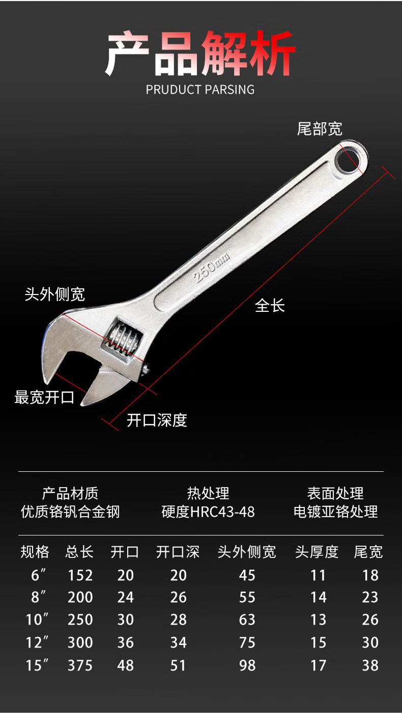 精锐锋活动扳手多功能大开口活络活口卫浴管钳工具活板手板子 12寸