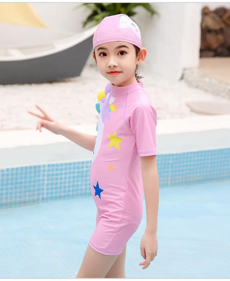 女孩泳衣套装可爱网红ins风儿童游泳带帽子311岁儿童连体独角兽紫色带