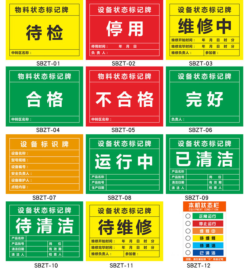 机台完好维修中待验不合格待维修已清洁标记机器安全警示标志提示牌