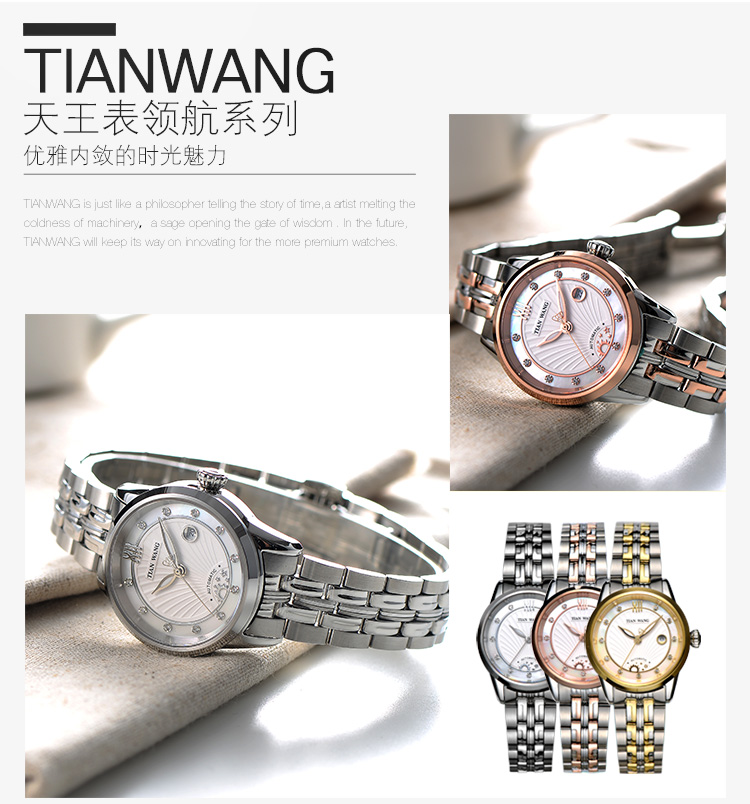 天王表 tianwang 领航系列 女士钢带机械手表钟表5840