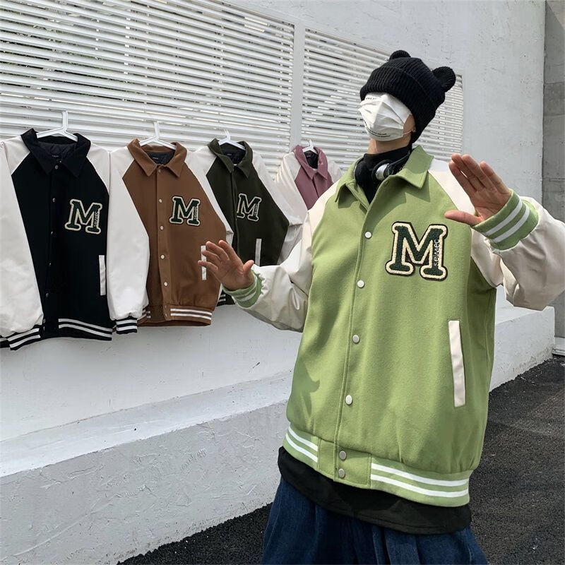 棒球服女美式街头刺绣上衣春秋情侣宽松夹棉拼皮外套粉红色m