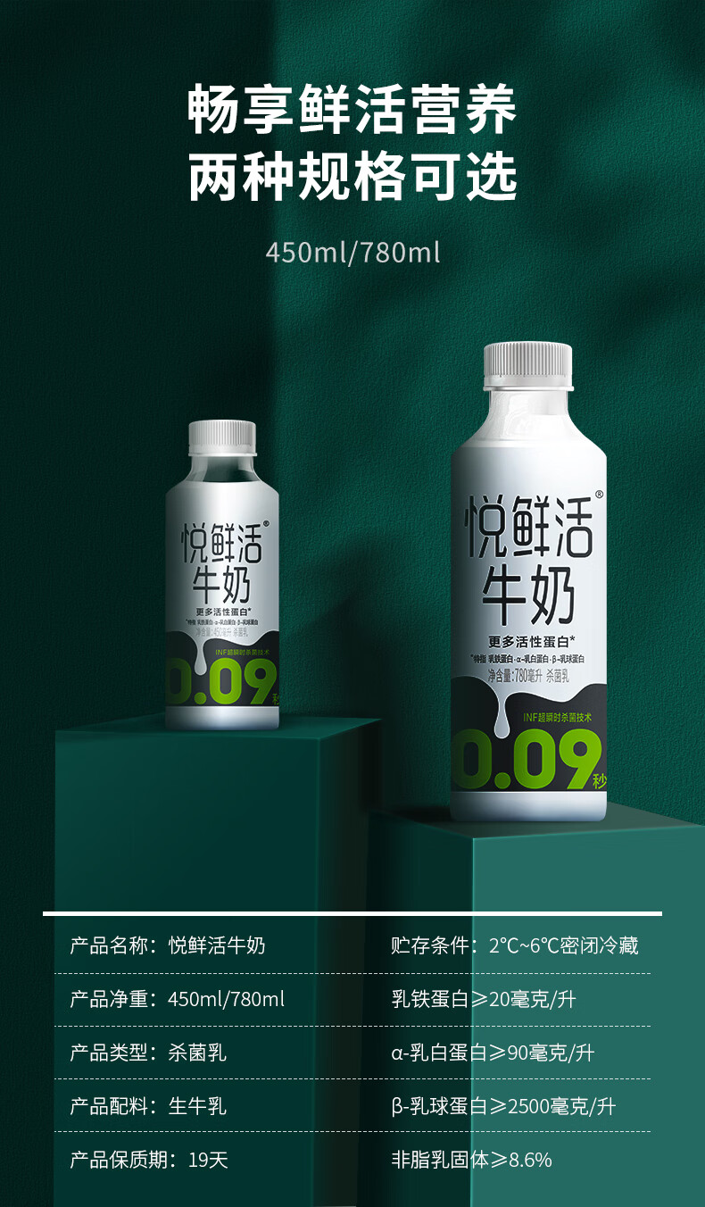 君乐宝悦鲜活鲜牛奶生牛乳发酵纯牛奶儿童营养早餐奶780ml*4瓶 悦鲜活