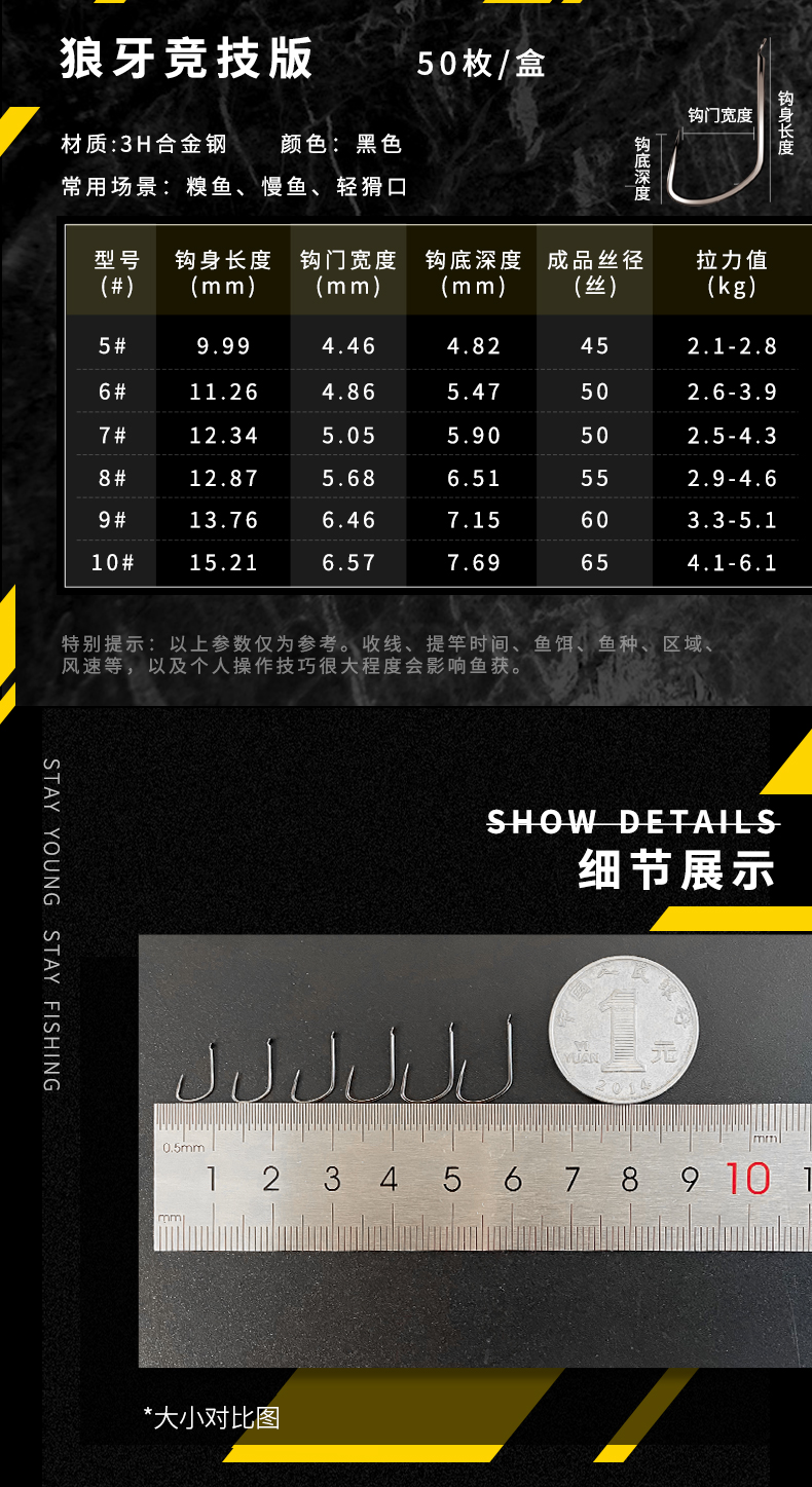 狼牙改良新型无倒刺黑坑新关东细条竞技狼牙散装5013h狼牙钩竞技版7号